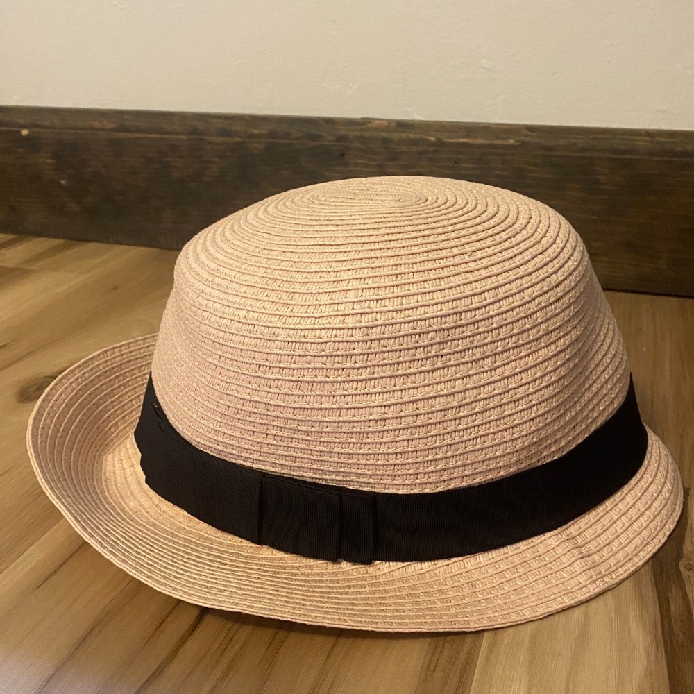 David and Young Tan Straw Fedora Packable Sun Hat Black Ribbon ABU4186